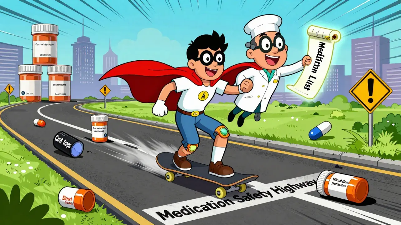 A person skating on pill bottles down a safety highway, dodging hazards while a pharmacist flies beside them.