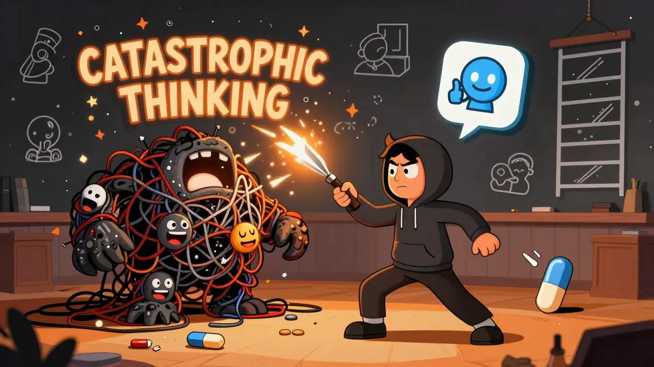 A person smashing catastrophic thoughts with a chisel in a CBT dojo, with a Woebot app watching approvingly.