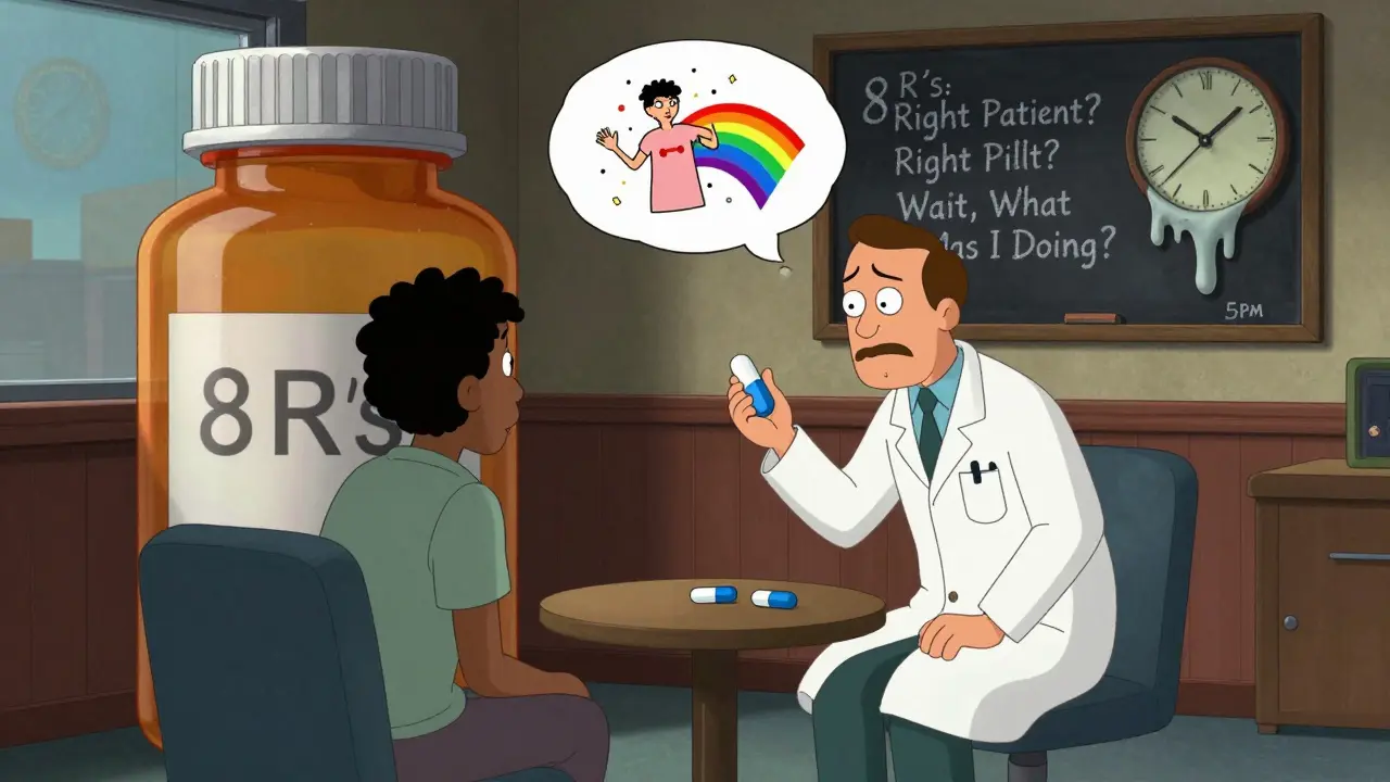 A pharmacist and patient in a pill-shaped booth discuss pill changes, with a surreal body explosion thought bubble.