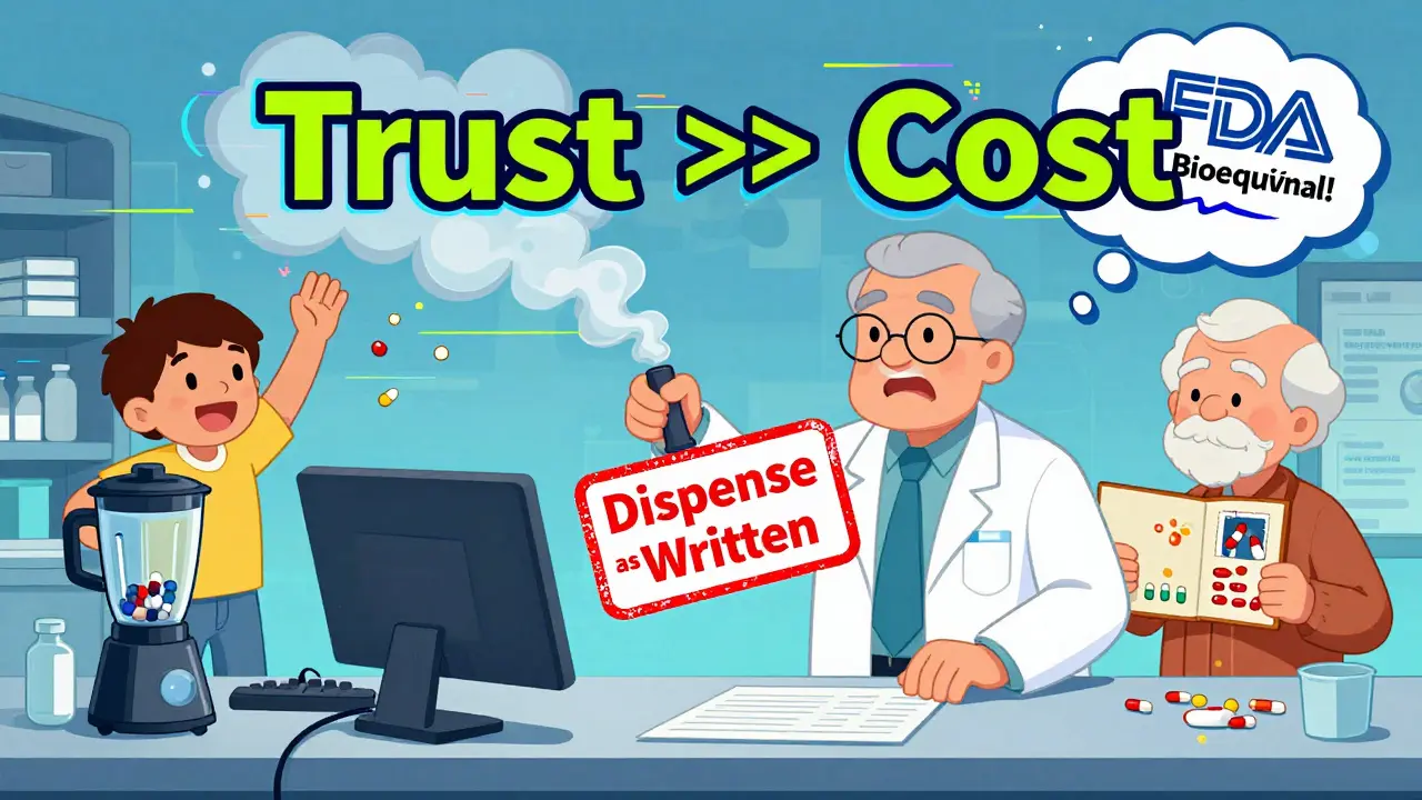 A pharmacist stamping 'Dispense as Written' amid chaotic scenes of confused patients and floating FDA messages.