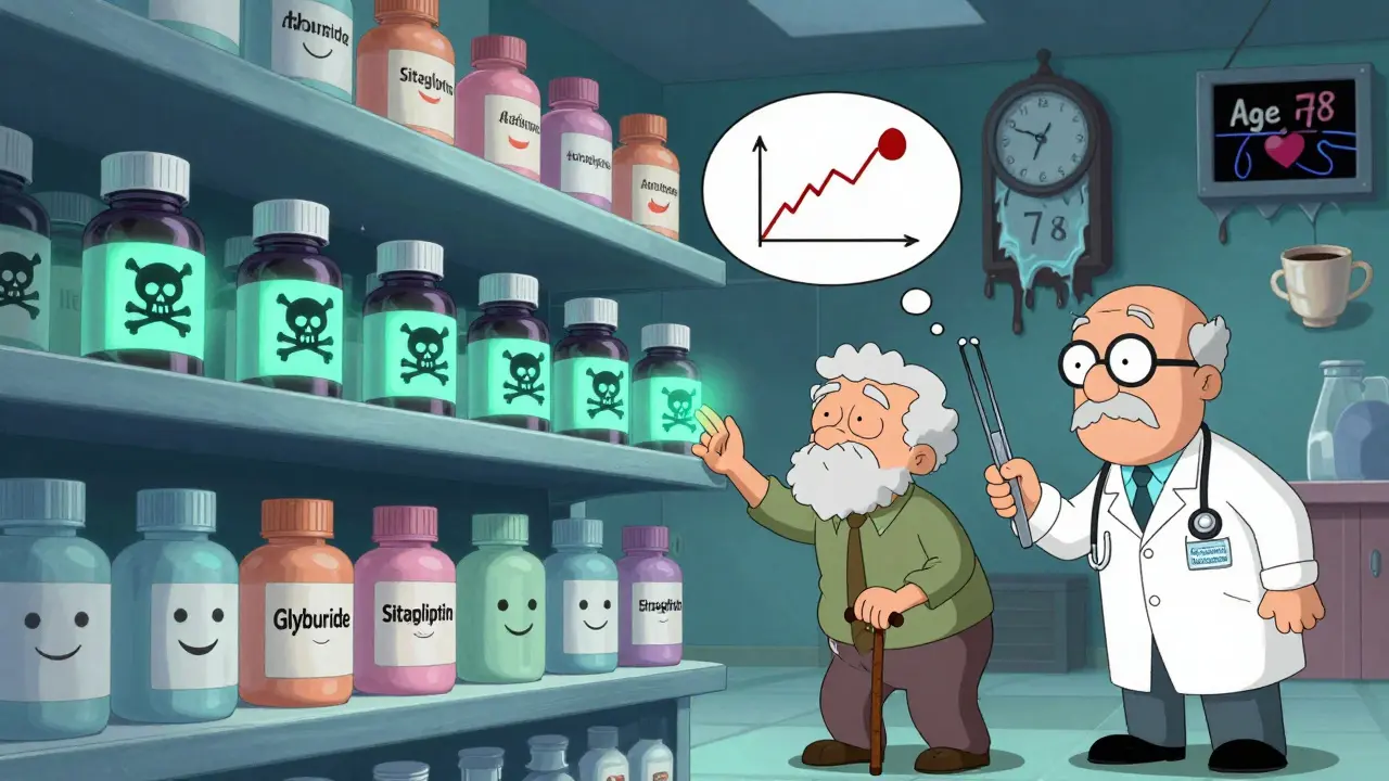 A pharmacy shelf with ominous glyburide bottles vs. friendly safe diabetes meds, watched by a pharmacist.