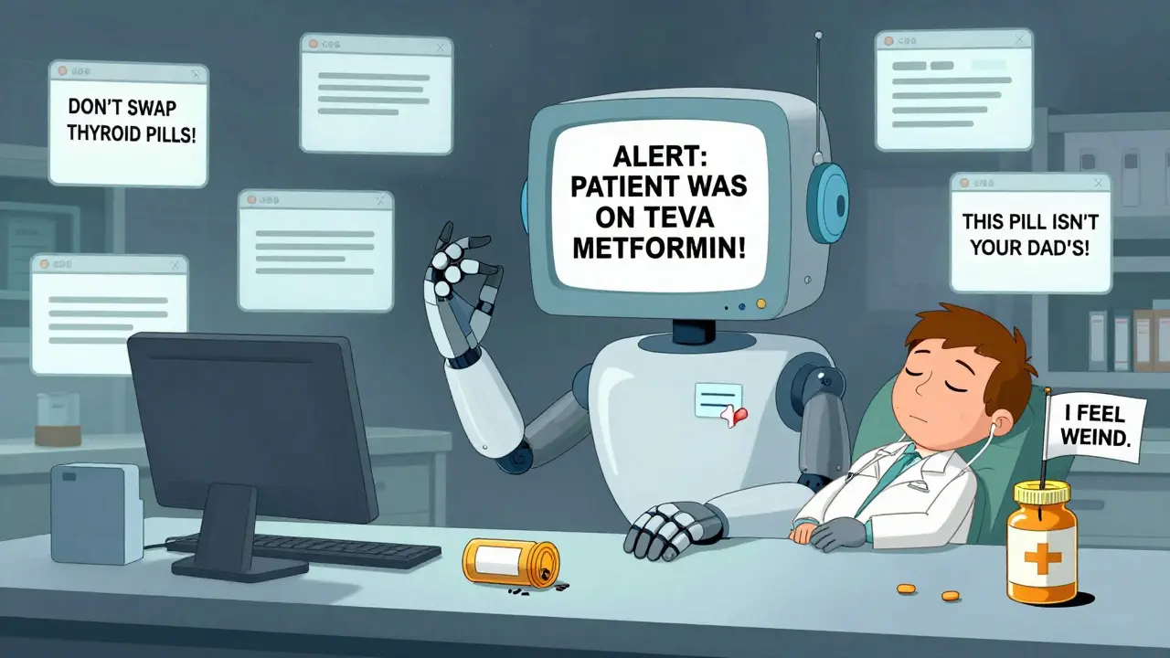 A robot alert system shouts warnings while a pharmacist sleeps, ignored by floating cartoon drug alerts.