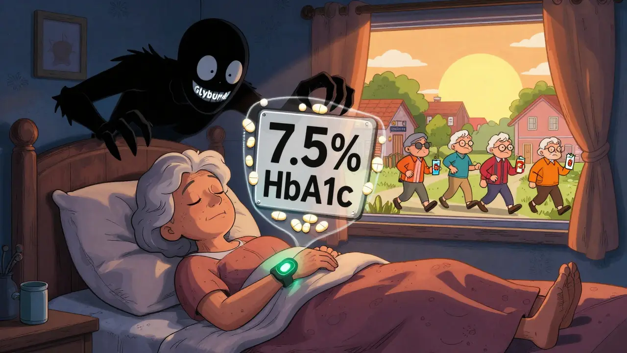 A senior sleeps safely as a CGM alerts her, blocking a hypoglycemia monster with safe medication shields.