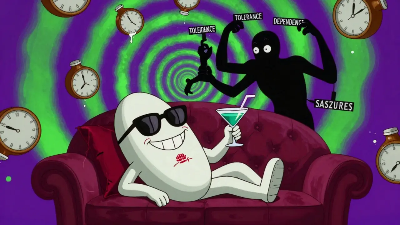 A smug benzodiazepine pill on a couch while chaotic withdrawal levers pull behind it in a psychedelic spiral.