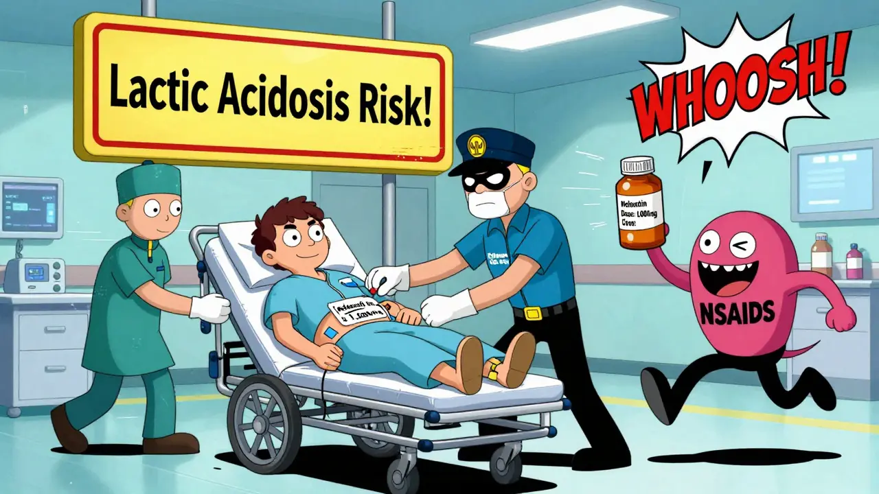 A superhero called 'Kidney Cop' adjusts a metformin dose dial on a patient while a villain runs off with ibuprofen.