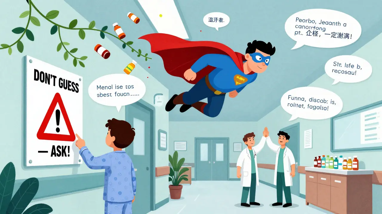 A superhero Medication Guide flies past warning symbols as a patient points to a 'DON'T GUESS — ASK!' poster.