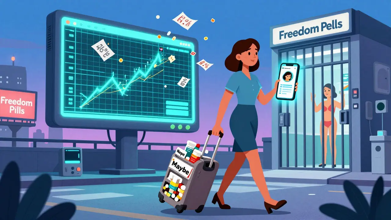 A woman walks away from a glitching health system with a suitcase of medication choices and a cheering phone app.