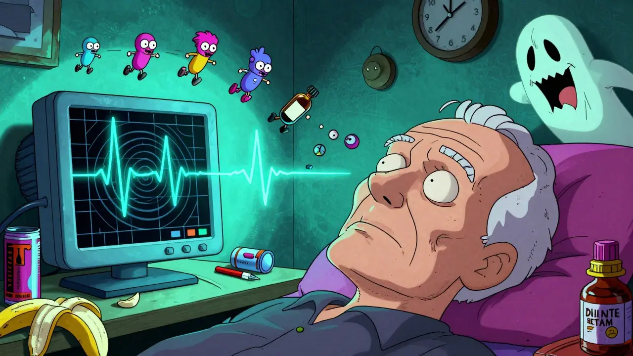 An elderly man fainting as an ECG spikes into a wild spiral, with potassium and magnesium ions running away.