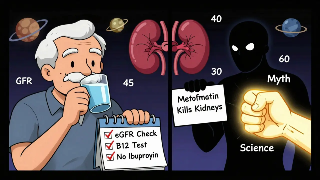 An elderly man follows safe habits on one side, while a myth about metformin is punched by science on the other.
