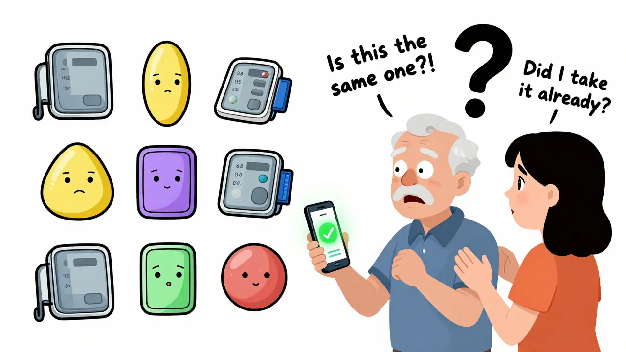 An elderly man overwhelmed by many differently shaped pills on a wall, with a daughter using a phone app to identify them.