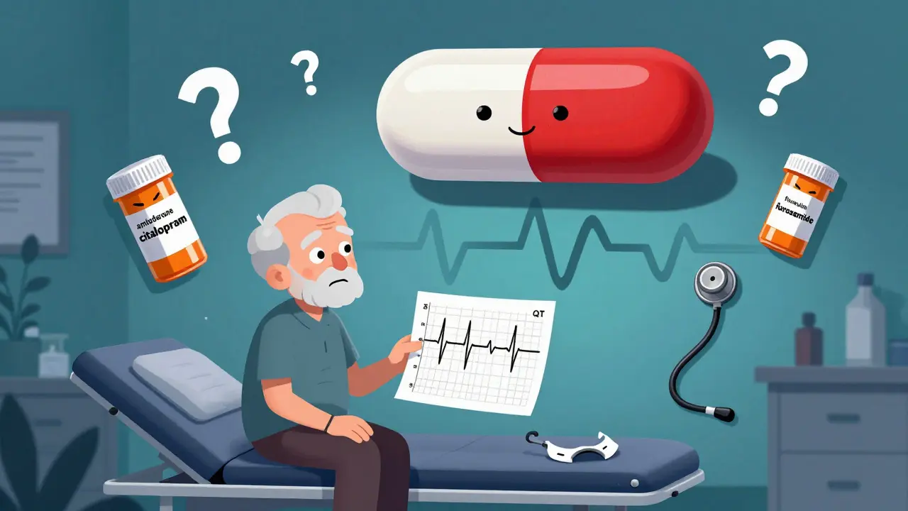 An elderly patient with a scary ECG reading, dominated by a looming hydroxyzine pill and other risky meds.