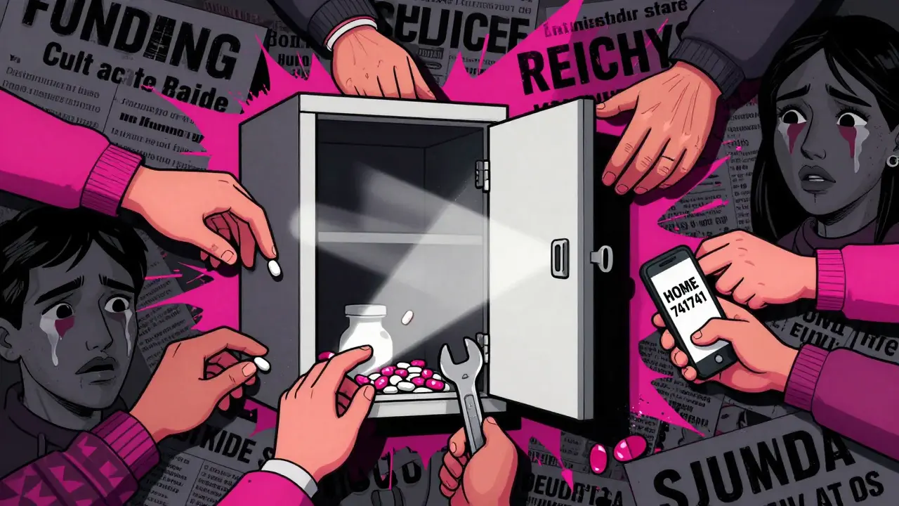 Chaotic hands reach toward open medicine cabinet with crisis resources and lock tools.