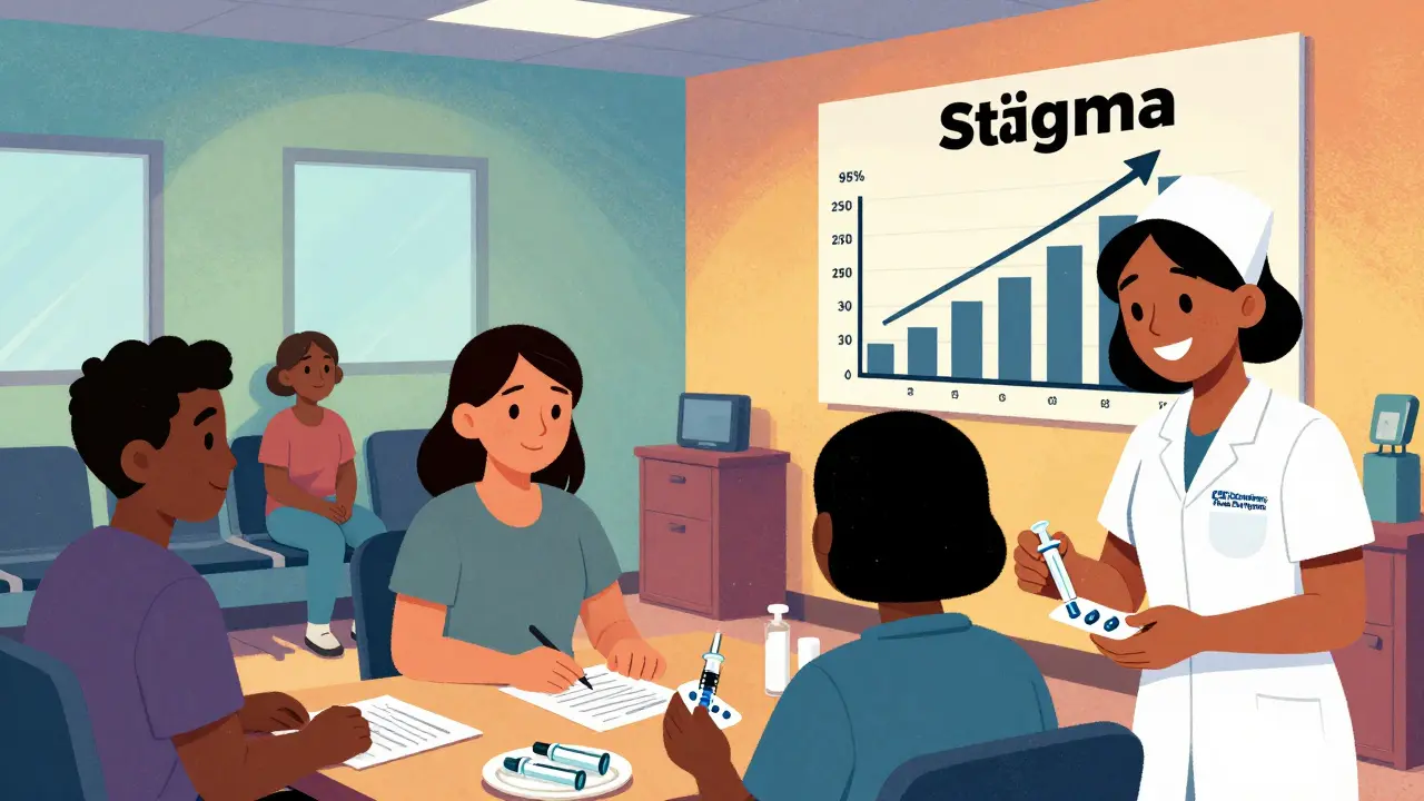 Diverse patients receiving same-day HCV treatment and clean needles in a vibrant clinic scene.