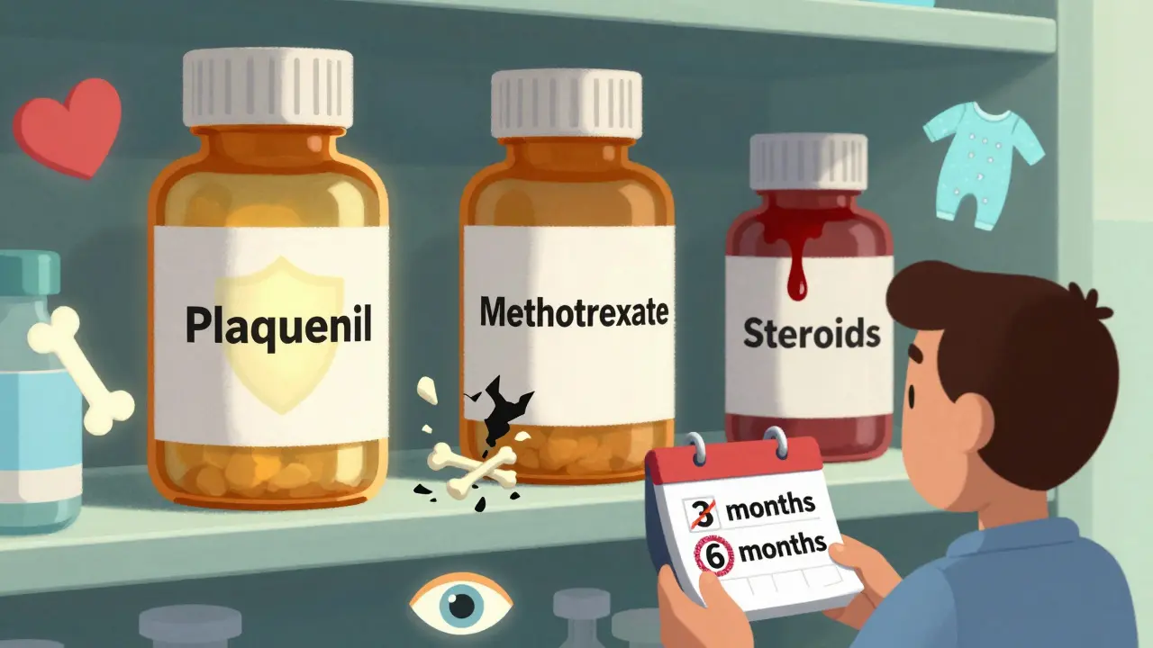 Giant pill bottles on a shelf, hydroxychloroquine glowing with protective shield, others deteriorating.
