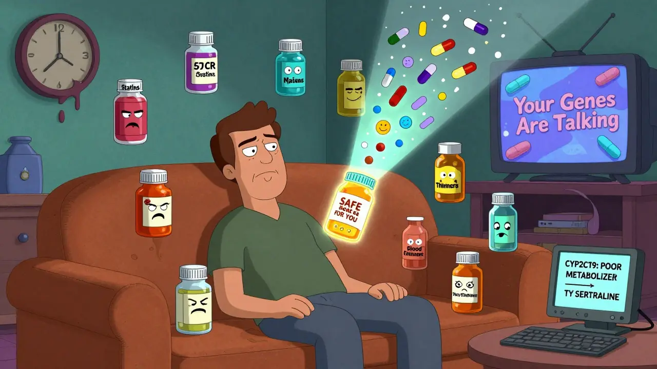 Man surrounded by angry pills as a gene chip transforms them into safe alternatives