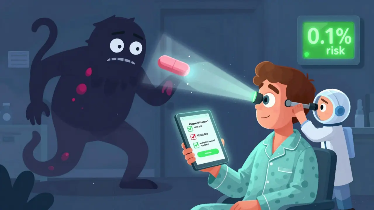 Patient holding a glowing app tracker, shrinking a flare monster, with eye exam light beam shining.