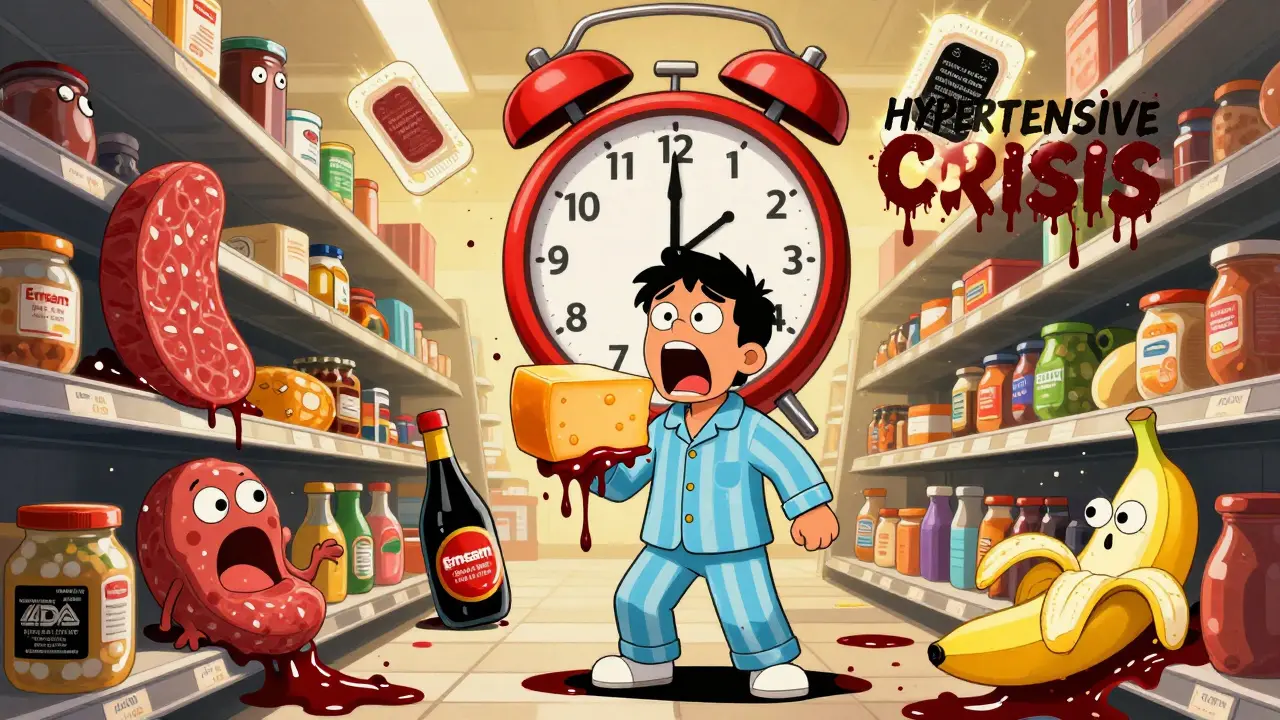 Person frozen in grocery aisle as food monsters attack, with a giant red alarm clock counting down to crisis.