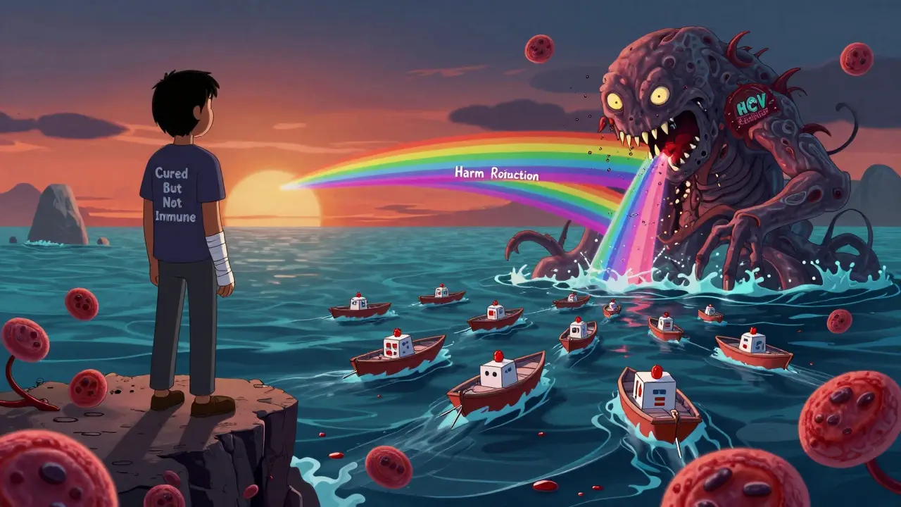 Person on cliff watched over by harm reduction boats as a crumbling HCV kraken falls into the sea.