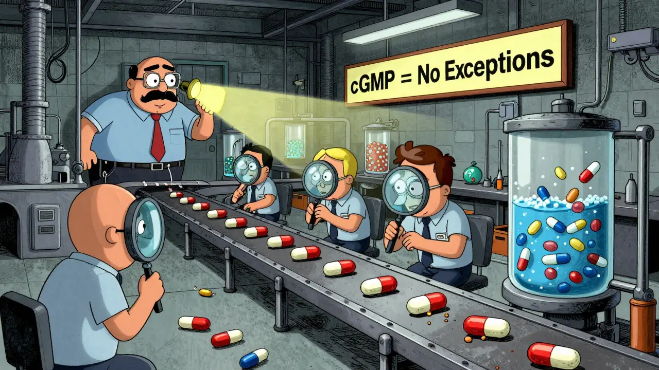 Pills on a conveyor belt inspected by cartoon scientists, FDA light revealing same factory for brand and generic