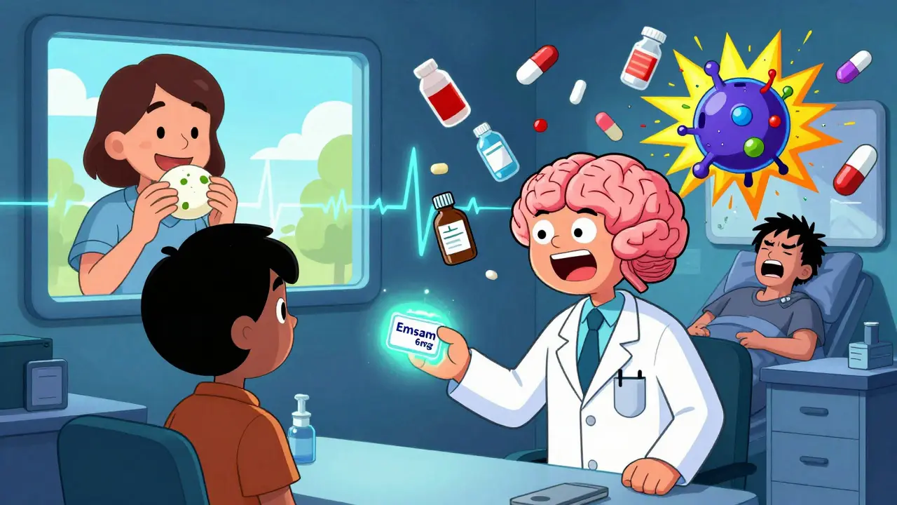 Psychiatrist gives a glowing patch to patient, split-screen shows safe food vs. chaotic ER scene.