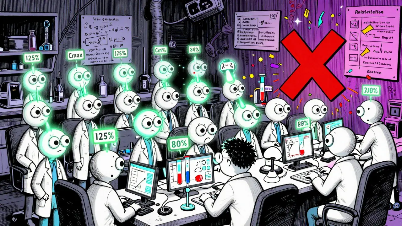 Scientists watching stick-figure volunteers with glowing bioequivalence meters in a psychedelic lab