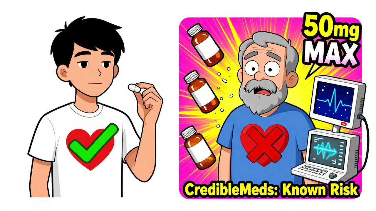 Split cartoon scene: safe vs. dangerous hydroxyzine use with medical warnings and exploding electrolytes.