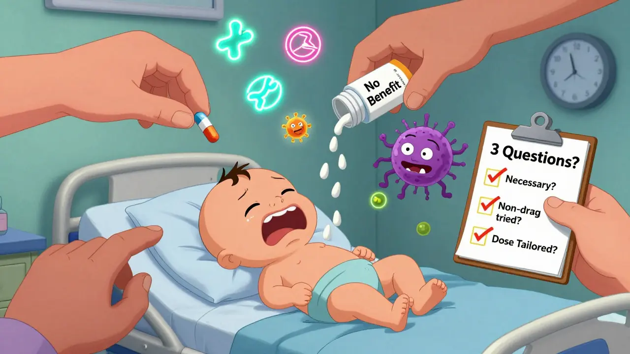 A baby on a hospital bed with three giant hands representing medication risks and safety questions, in cartoon style.