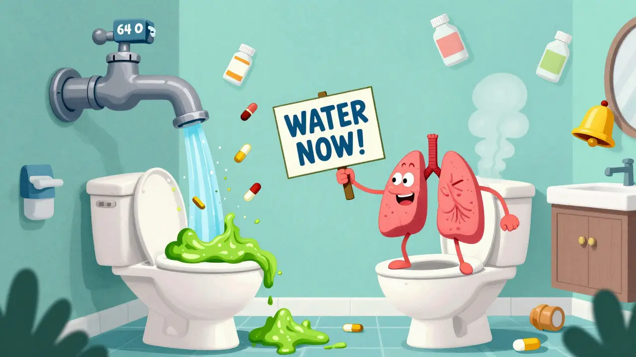 A cartoon lung shoveling green phlegm into a toilet while a giant water faucet pours over it.