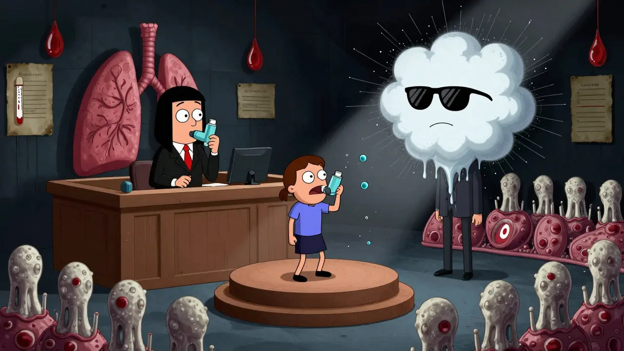 A courtroom inside a human body where a generic inhaler is on trial, judged by lung tissue with a plume expert testifying.