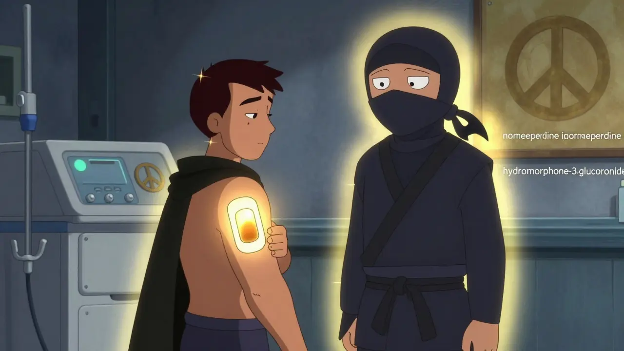 A fentanyl patch and buprenorphine ninja blocking toxic drug metabolites in a calm dialysis setting.