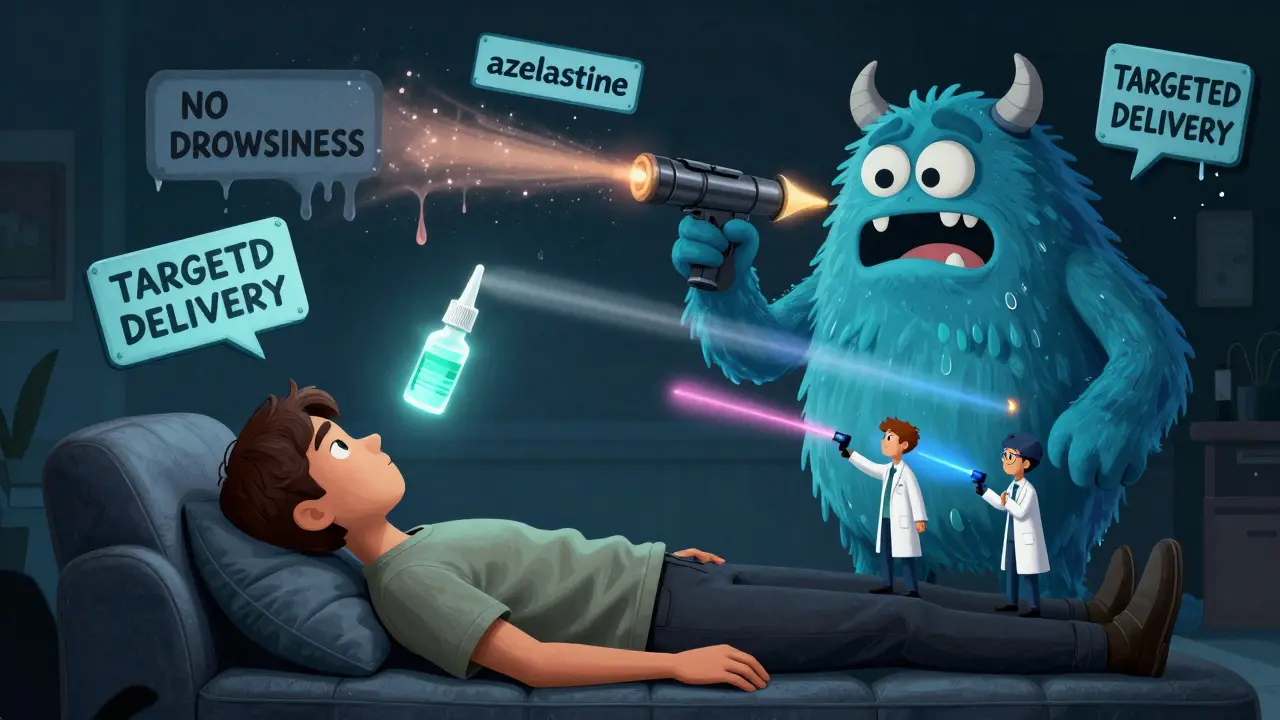 A glowing nasal spray neutralizes a histamine monster while scientists wield medication beams in surreal Adult Swim art.