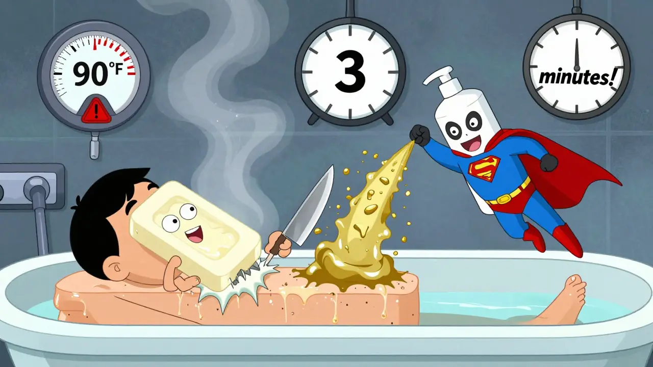 A person in a lukewarm bath as soap shreds skin lipids, while a ceramide cream bottle flies in to repair the damage.