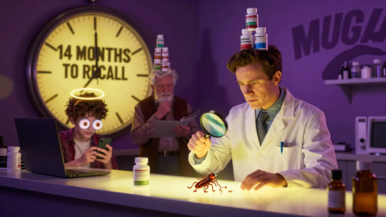 A pharmacist revealing hidden drugs in a pill bottle while a teen does a dangerous social media challenge.