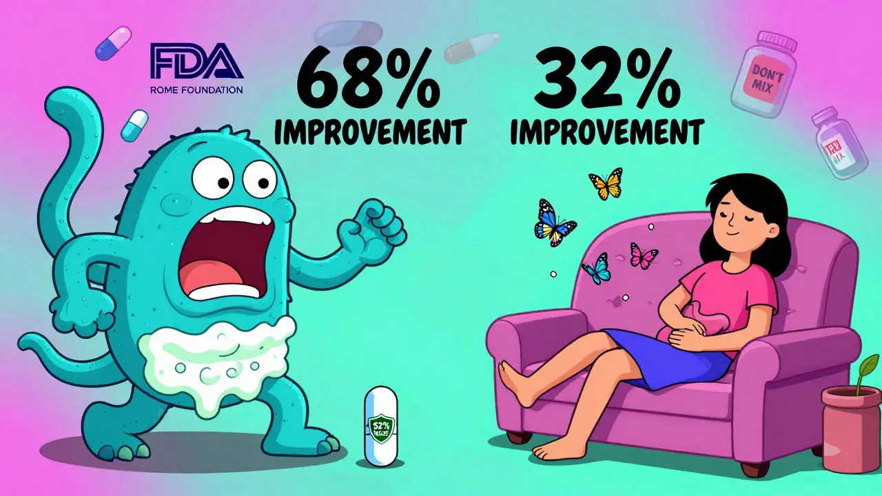 A split scene showing peppermint oil calming IBS-C versus struggling against IBS-D symptoms in surreal cartoon battle.