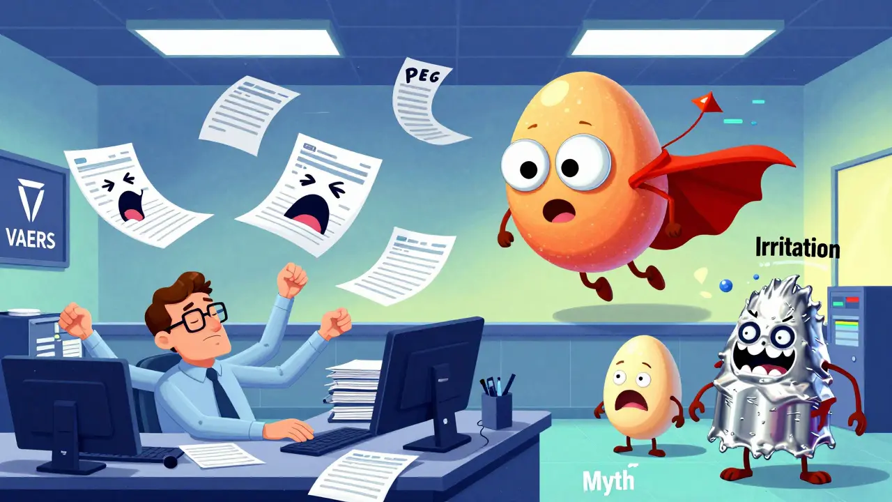 A surreal VAERS office with floating medical reports and a superhero PEG molecule fighting allergy myths.