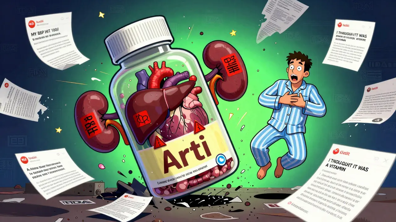 An exploding supplement bottle spewing organs and Reddit warnings, with a man in shock mid-air.