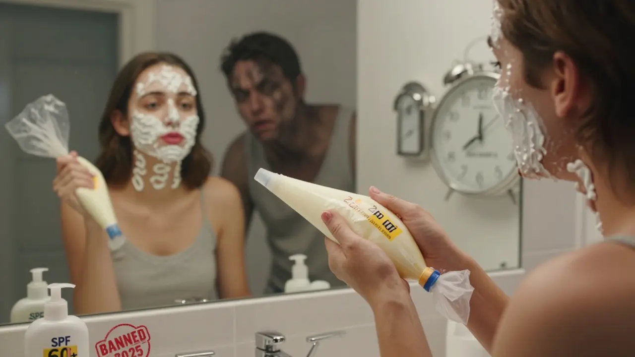 Person applying sunscreen like frosting a cake, with aging reflection looming behind.