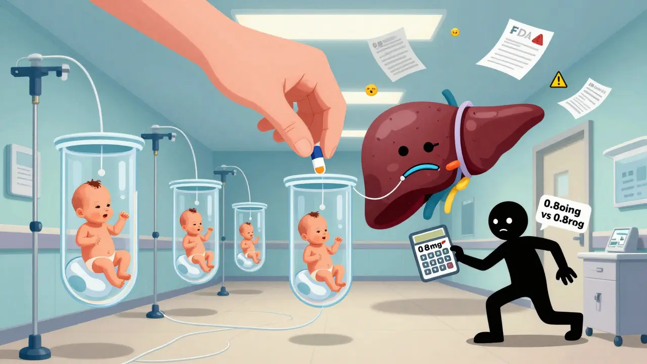 Preterm babies in test tube incubators connected to frowning liver and kidney organs, with a giant hand dropping a new drug.