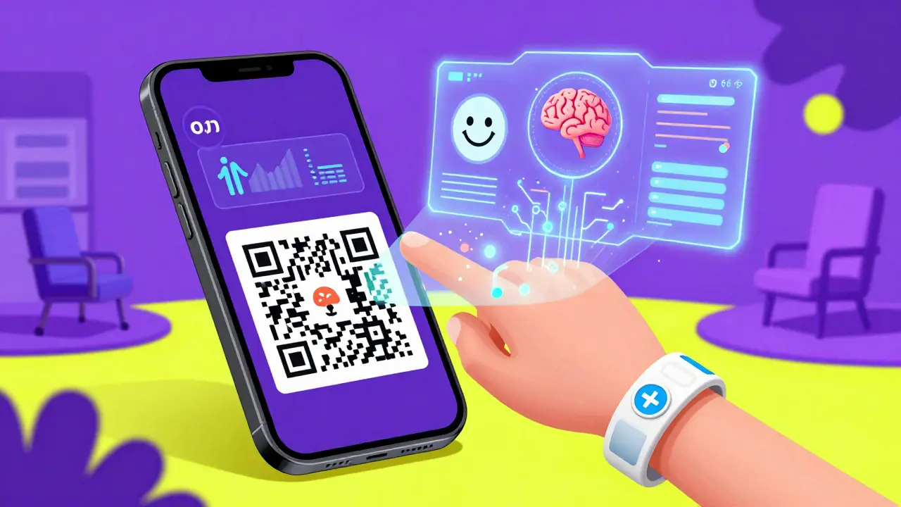 Smartphone scanning QR code bracelet to access medical data.