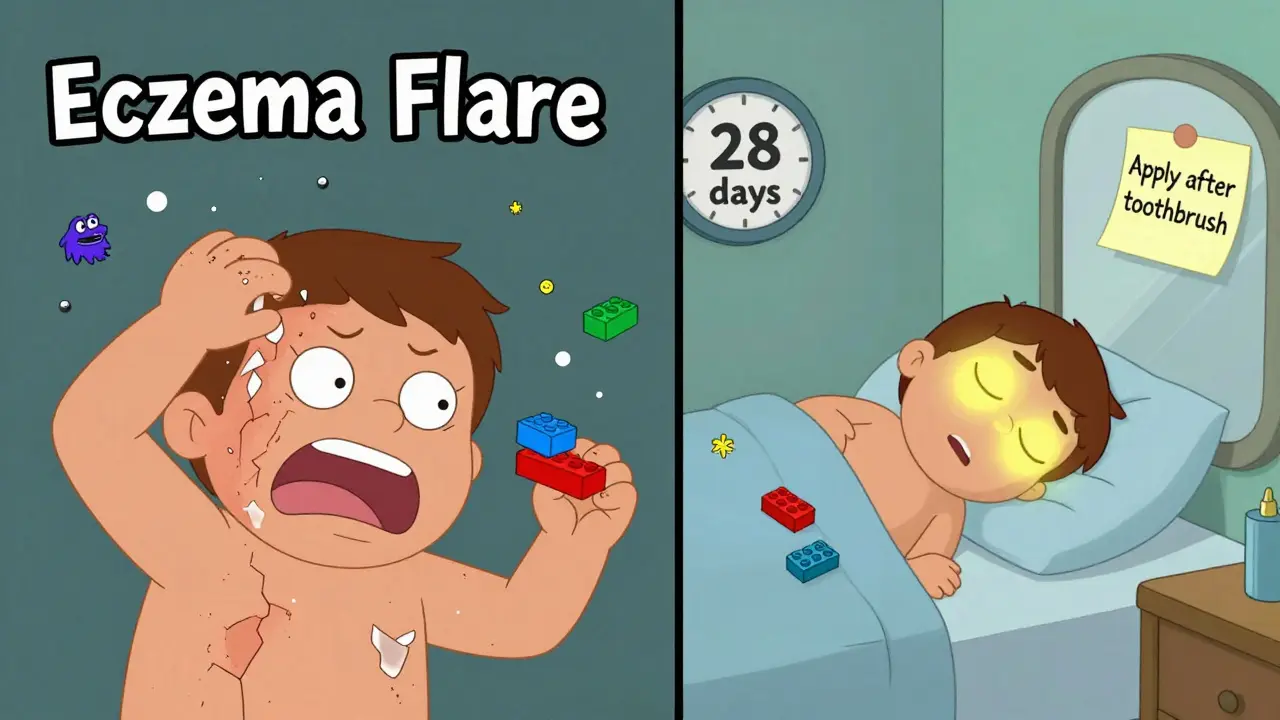 Split cartoon panel: left shows eczema flare with scratching, right shows smooth skin with ceramides rebuilding the barrier.