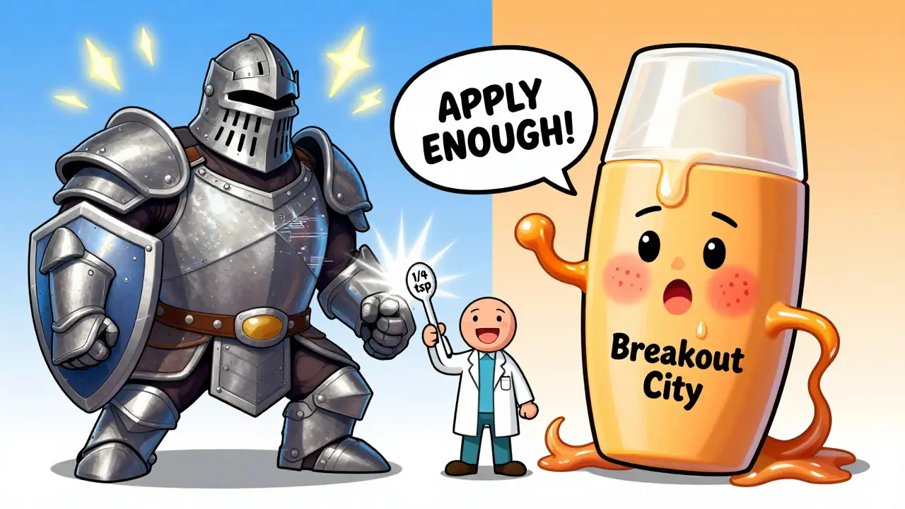 Split-screen battle between mineral and chemical sunscreen with exaggerated effects.