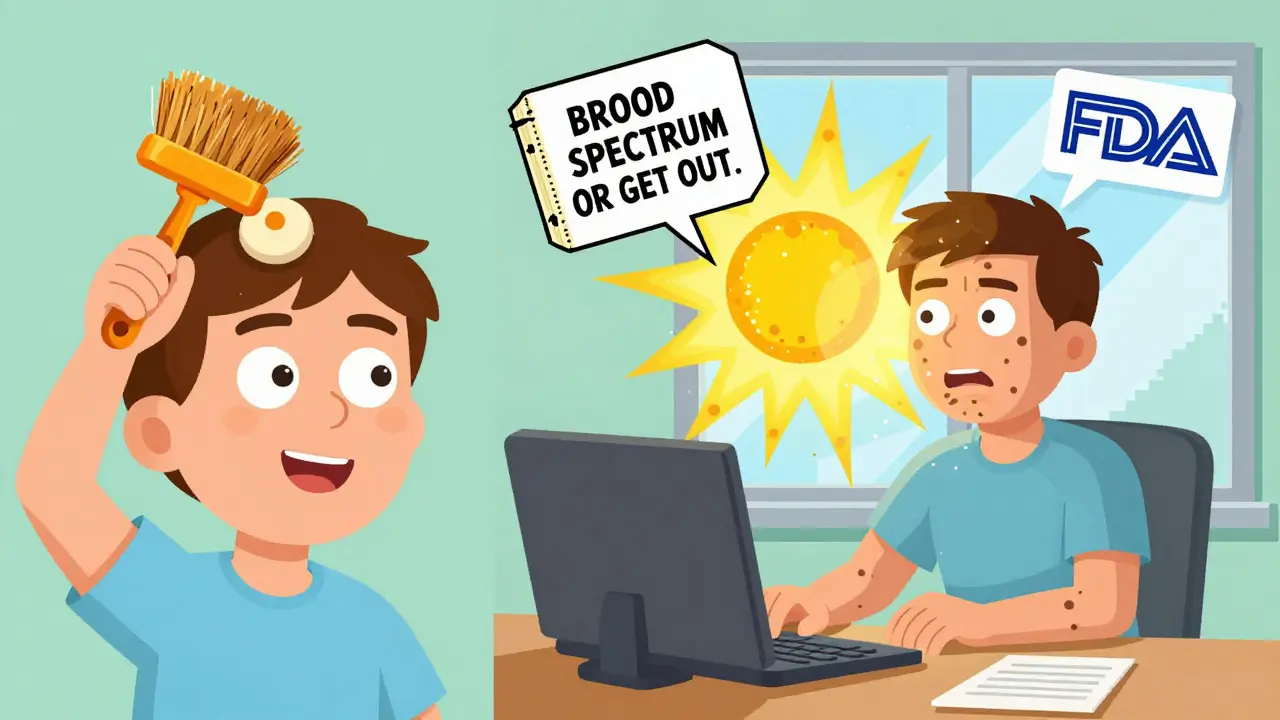 Split-screen: one side shows proper sunscreen application, the other shows UVA damage through a window, with FDA warning floating nearby.