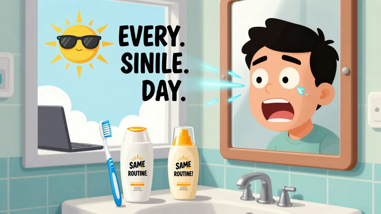 Sunscreen and toothbrush side by side in a bathroom, with a clock ticking and blue light rays from a laptop hitting a face.