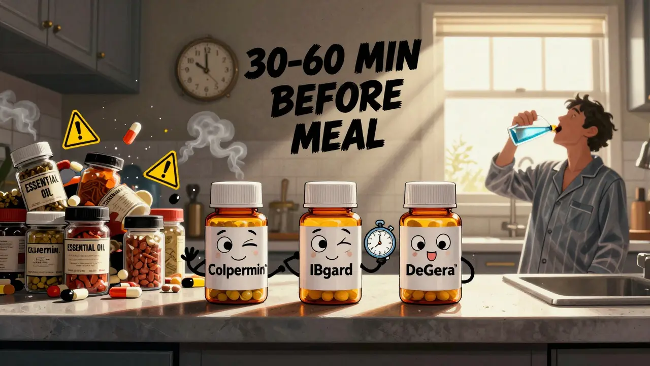 Three branded peppermint oil capsules on a counter next to exploding spice jars, a person taking a capsule before a meal.