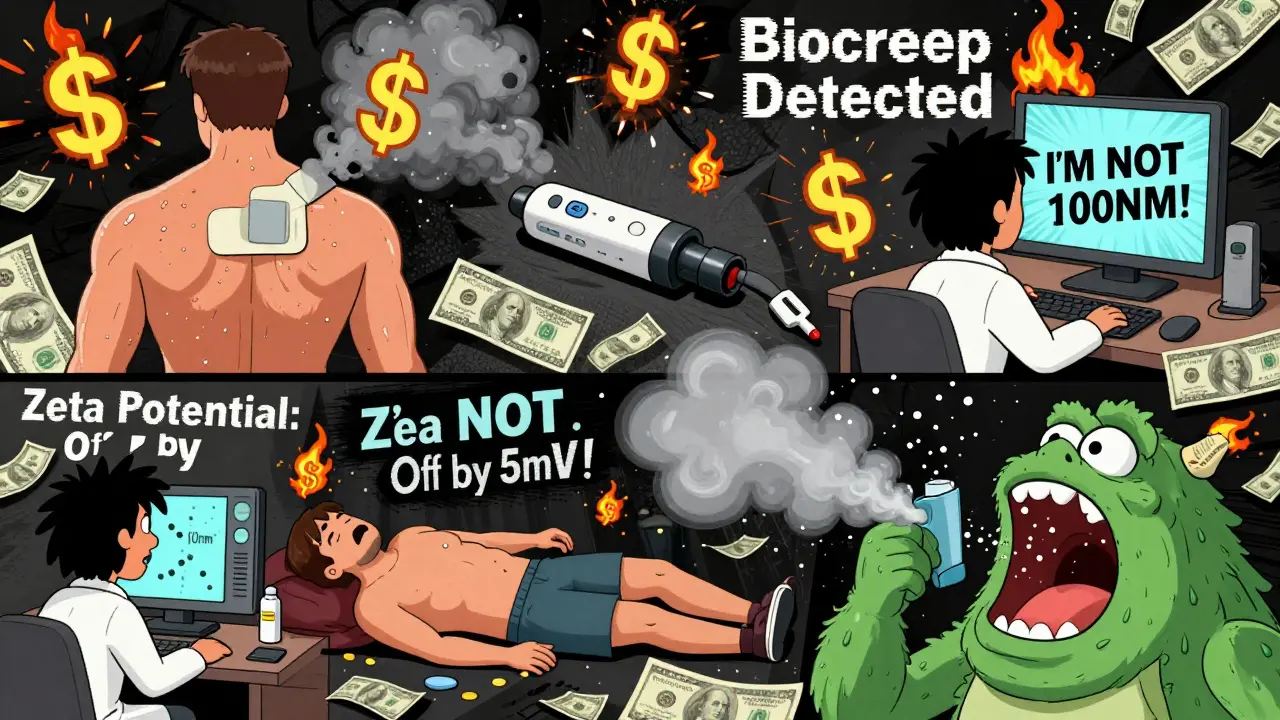 Three failed generic drug attempts: a patch peeling off, a delayed injector, and an inhaler spraying into a throat monster, all in chaotic cartoon style.