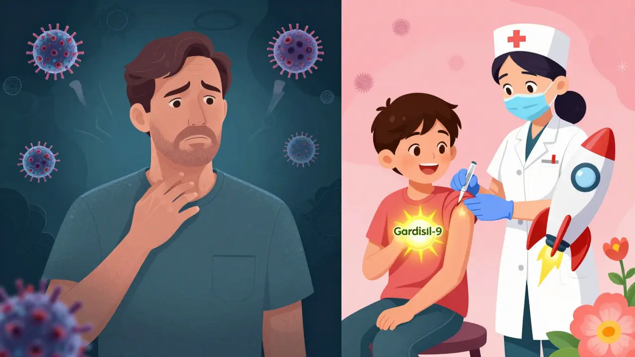 A child getting vaccinated on one side, while an adult with a neck lump is surrounded by shadowy virus cells on the other.