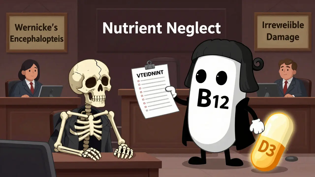 A courtroom scene where a skeletal person is on trial for skipping vitamins, with a giant B12 pill as prosecutor.