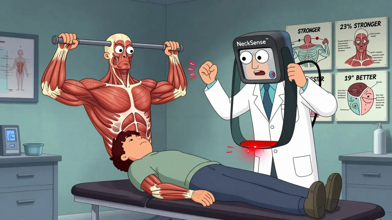 A floating resistance band treating a comical neck muscle in a surreal clinic, with NeckSense™ device buzzing nearby.