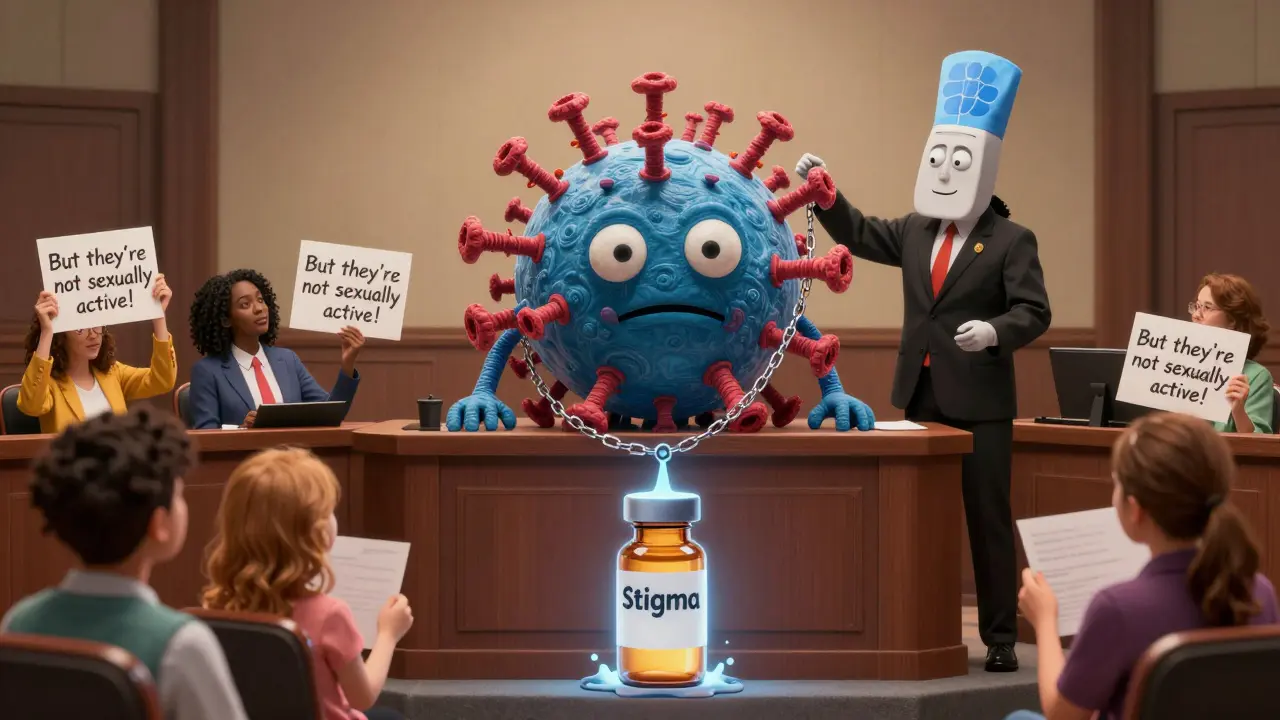 A giant HPV virus on trial in a surreal courtroom, with a vaccine bottle glowing as the star witness.