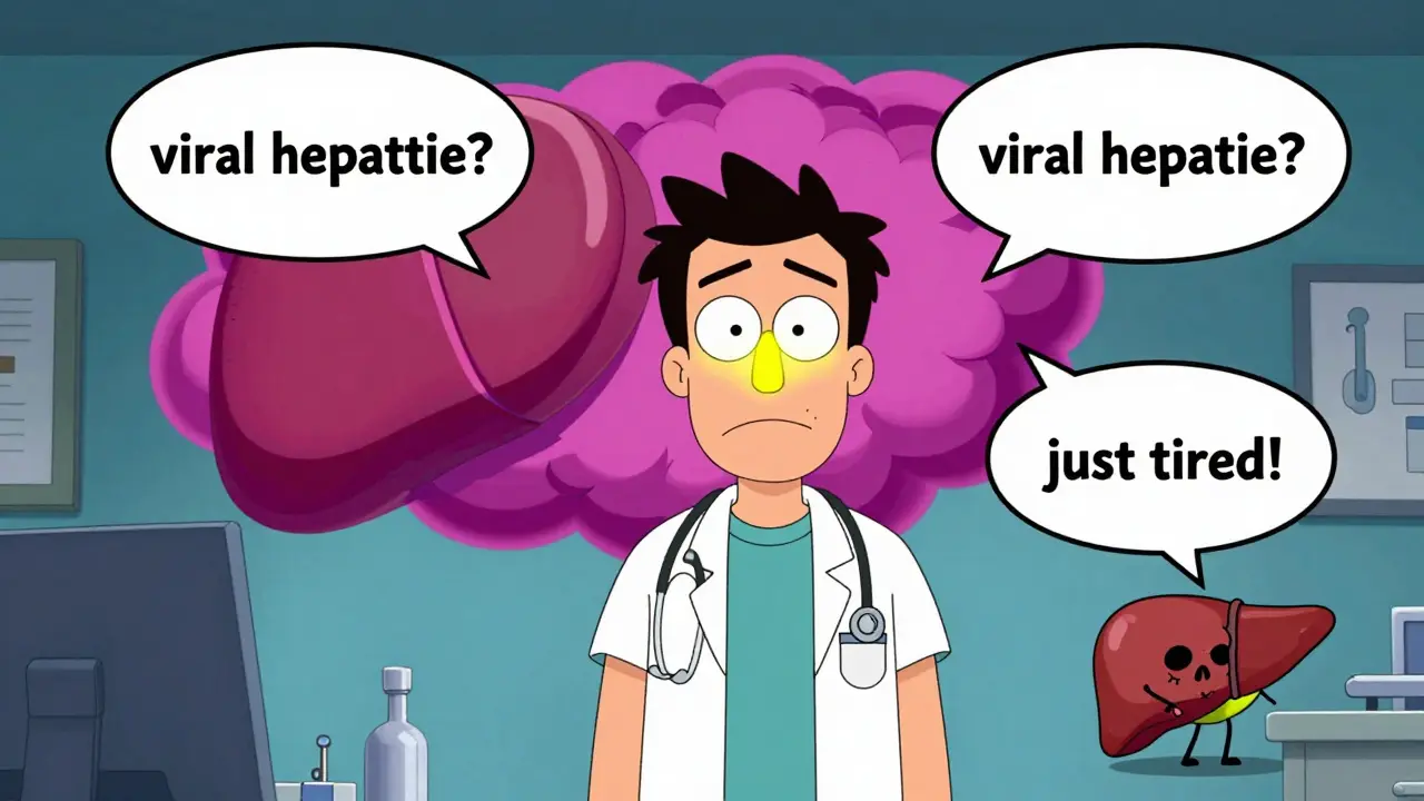 A jaundiced man stares at a giant azithromycin pill while doctors misdiagnose his symptoms in a surreal medical setting.